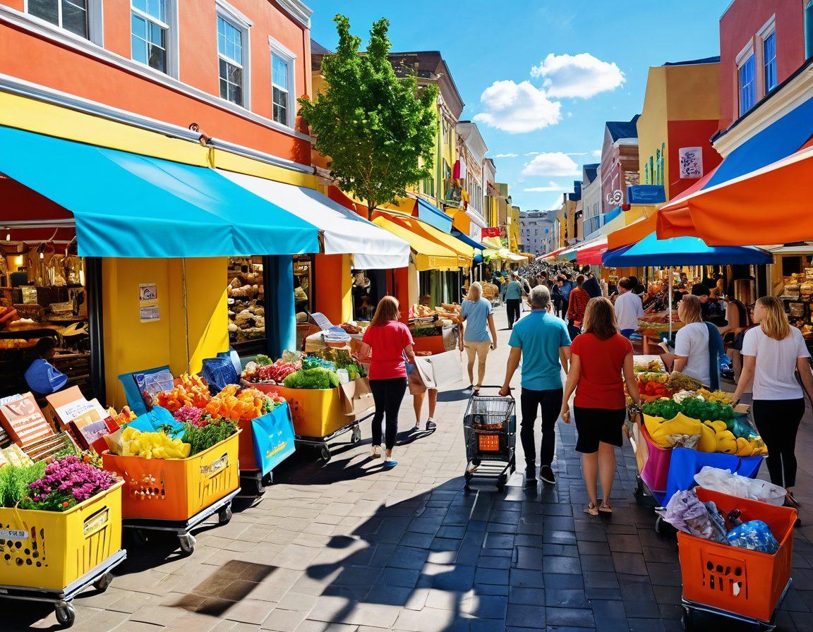 A vibrant marketplace scene filled with happy shoppers discovering delightful deals, colorful product displays, and cheerful vendors. Emphasize a variety of joyful expressions and engaging interactions, with splashes of color representing diverse products and a sense of community. Incorporate elements like shopping carts overflowing with fun items, banners advertising special deals, and a sunny atmosphere. Create an inviting, warm ambiance that reflects the essence of joy and excitement for shopping. super-realistic. vibrant colors. 3D.