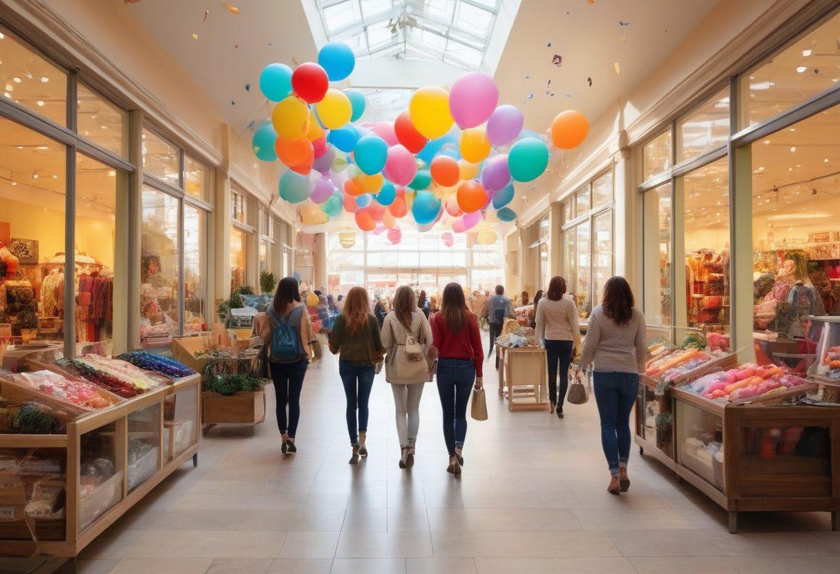A bright, cheerful scene of a bustling shopping mall filled with diverse, happy shoppers exploring colorful stores. Include vibrant displays of fashion, home decor, and gourmet food items, creating a sense of excitement and joy. Soft sunlight streaming through large windows, with people laughing and chatting, capturing the essence of a joyful shopping experience. Add playful elements like balloons or confetti to enhance the festive mood. super-realistic. vibrant colors. lively atmosphere.