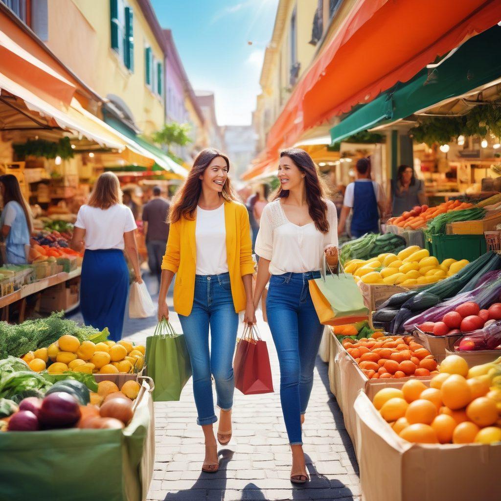 A vibrant shopping scene filled with cheerful people joyfully exploring a colorful market filled with fresh produce and unique items, emphasizing smiles and positive energy. Incorporate elements like shopping bags overflowing with goodies and a bright, sunny atmosphere to evoke happiness. Use warm tones and lively details to enhance the feeling of well-being. super-realistic. vibrant colors. bright background.